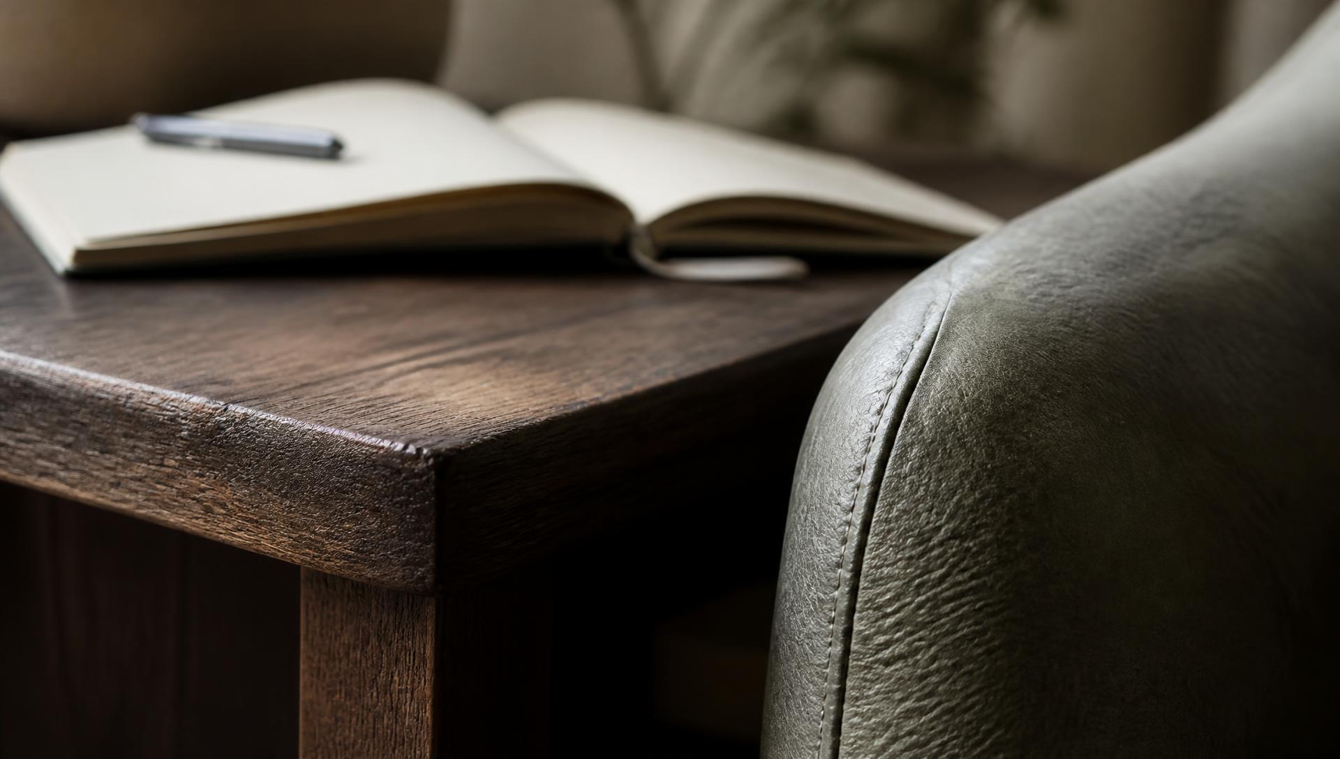Macro texture of a dark wooden side table against a soft grey-green leather armchair, with an open linen notebook and pen.